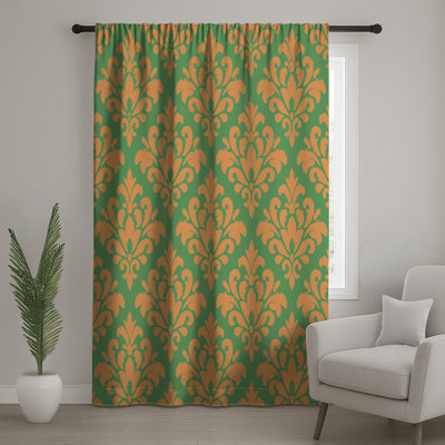 Orange Green Damask Window Curtains, Damask Sheer & Blockout Curtains - 1 Panel
