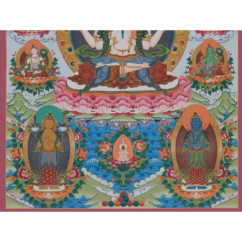 Art mural Kharchari (Avalokiteshvara) Thangka - Bodhisattva bouddhiste tibétain peint à la main, toile Brocadeless avec or 24 carats, décoration de la Compassion sacrée