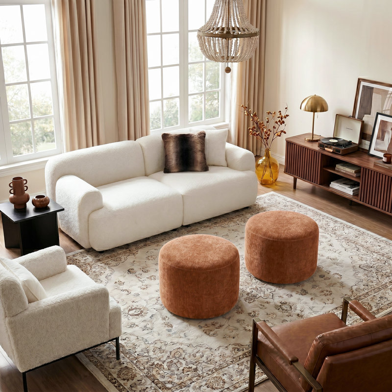 Regeani 22.6" Modern Round Upholstered Pouf Ottoman, Brown Chenille