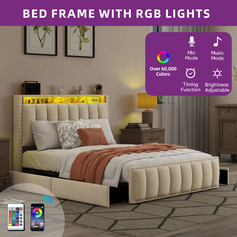 Ivy Bronx Velvet Upholstered Bed Frame With 4 Drawers, Power Outlets & LED Lights, Full