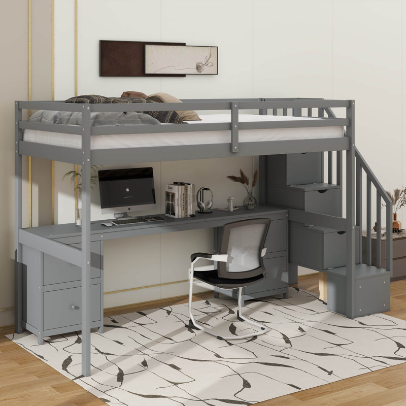 Twin Loft Bed Frame With Built-In Desk And Double Drawers, Grey