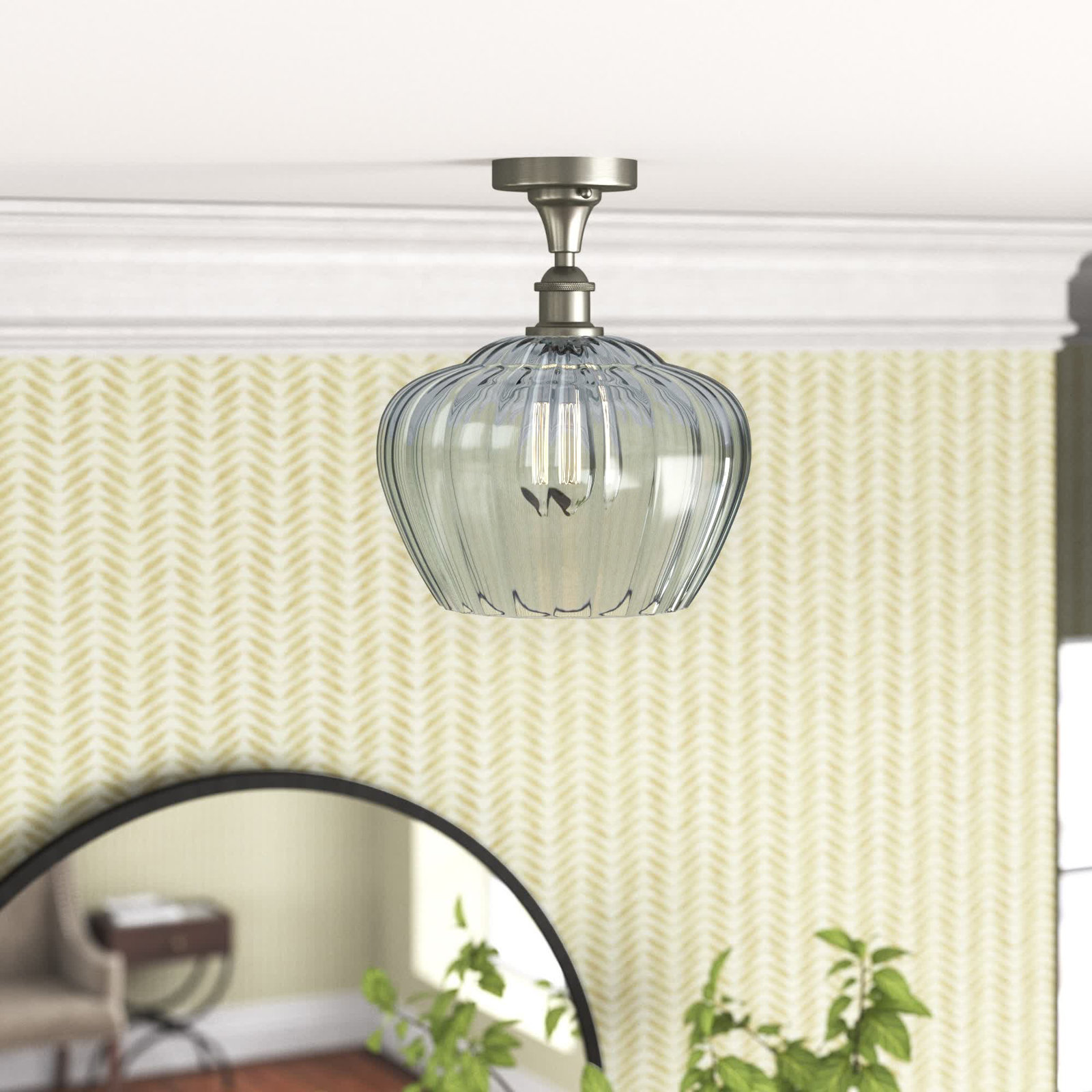 Renee Single Light Glass Semi Flush Mount, Clear, Brushed Satin Nickel, 6 Watt Vintage LED Bulb