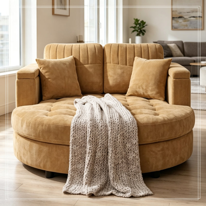 Chaise longue incurvée avec siège capitonné et coussins amovibles, Jaune