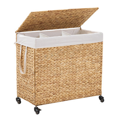  Rectangle Water Hyacinth Laundry Hamper with Lid, 27" Tall 3-Section Sorting Hamper with Removable Liners & Wheels