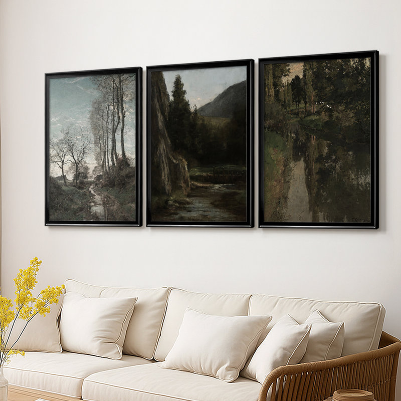 Paysage rétro CXLV - Toile tendue avec châssis sur mesure - 3 pièces, H 15 po x l 19 po, Noir