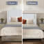 Grand lit avec tête de lit haute de 54 po, esthétique neutre, toile texturée, base en métal, installation simple, sans sommier tapissier, toile de chenille, cadre, boîte tout-en-un, installation