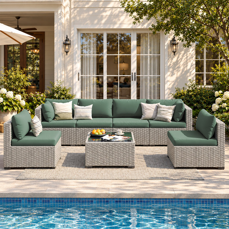 7-Piece Patio Conversation Set with Coffee Table and Cushions, Gray, Green