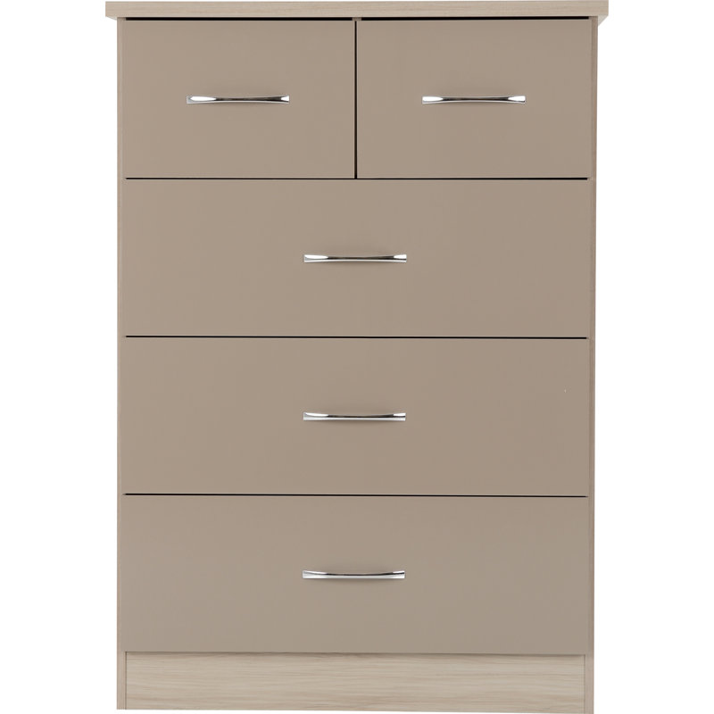 Cascio 5 Drawer Chest Of Drawers, Oyster Gloss/Light Oak Effect Veneer