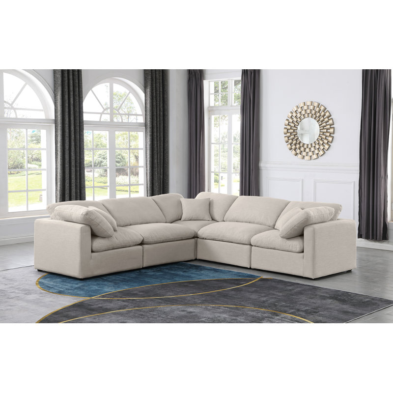 Canapé modulaire en coin 5 pièces Hinami, Tissu beige texturé en lin