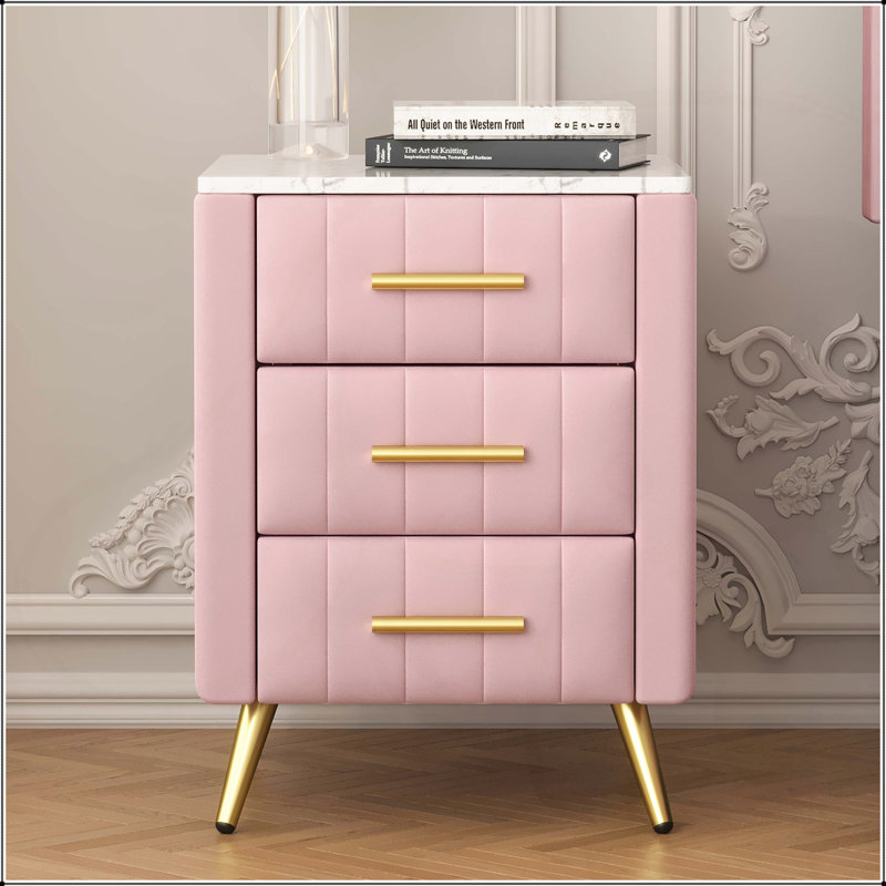 Table de chevet rembourrée en bois avec 3 tiroirs et pieds en métal, Rose