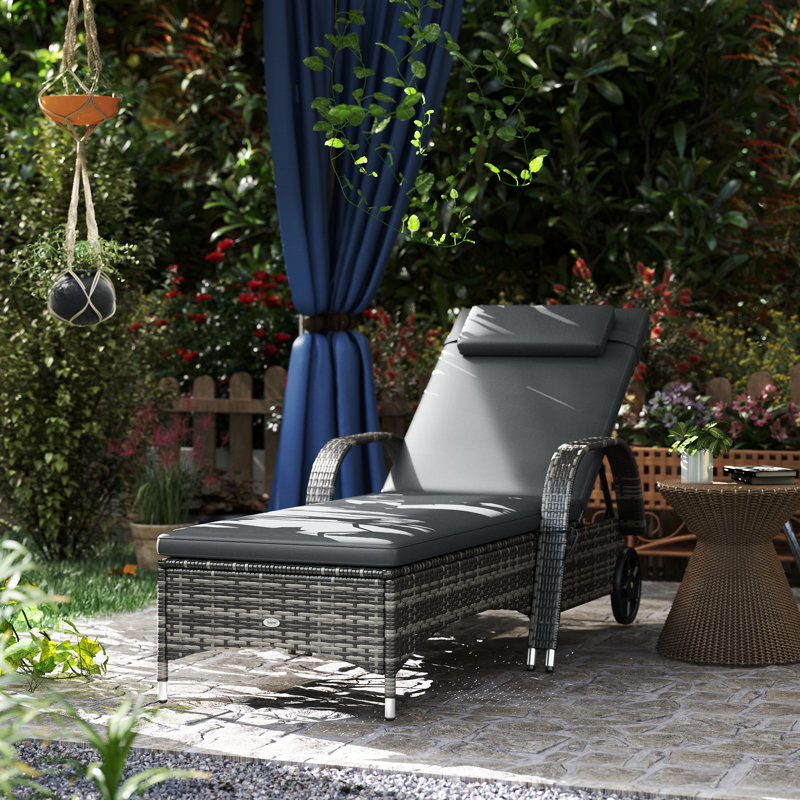 Outdoor Chaise Lounge, 5-Level Adjustable Backrest Rattan Pool Lounge Chair With Wheels, Cushion & Headrest, Grey, Grey