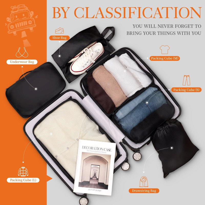 6 Pieces, Light Packing Cubes For Travel, Premium Suitcase Organizer Bags Set, Space-Saving Luggage Organizers, Travel Accessories And Essentials, Black