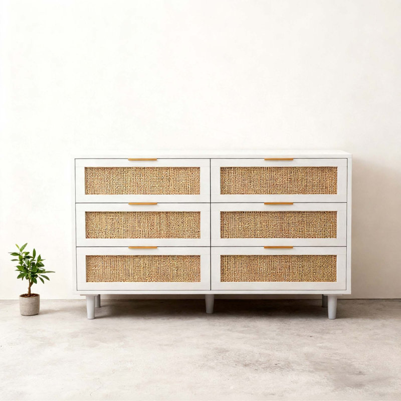 Commode de chambre en rotin 6 tiroirs, Blanc