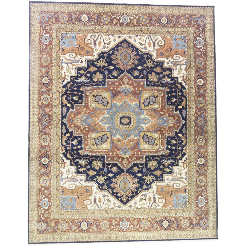 Tapis bleu oriental en laine noué à la main 11 pi 11 po x 15 pi 1 po Oriental