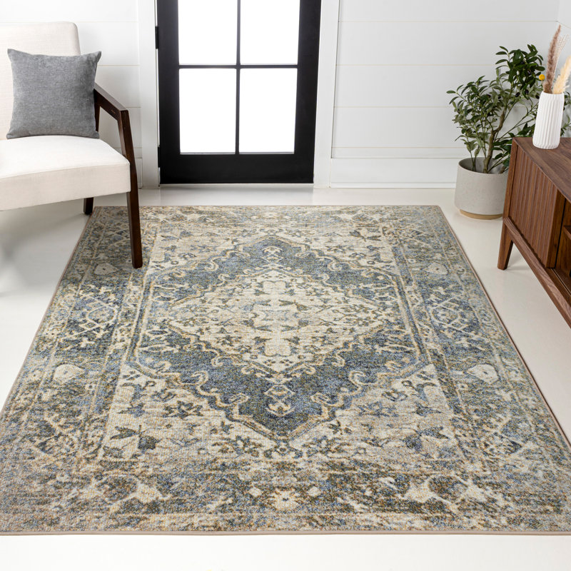 Pavel Distressed Medallion Low-Pile Machine-Washable Blue/Cream Rug, Rectangle 7'10" x 10'