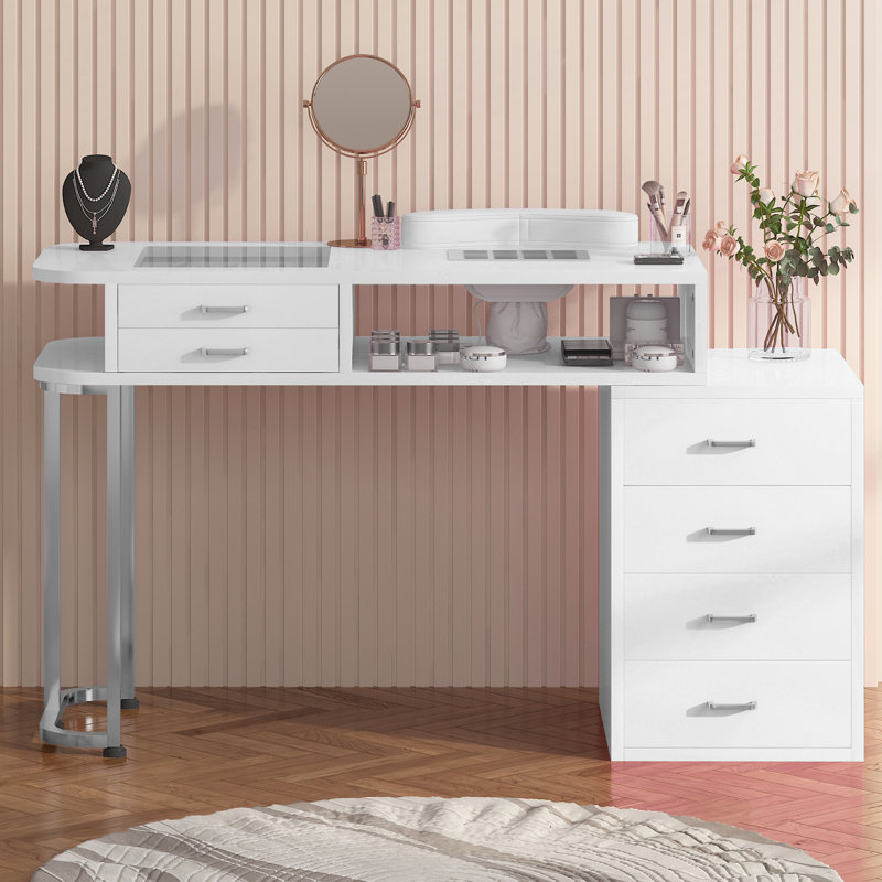 Manicure Nail Table For Nail Tech With Visible Display Desktop, Nail Workstation With Dust Collector, Wrist Cushion And 4 Large Drawers, White/Black