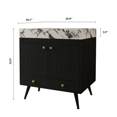 Meuble-lavabo autoportant de style Mid-Century avec comptoir en faux marbre et lavabo en céramique, armoire de rangement à double porte de 30 po, bois d'ingénierie imperméable, pieds dorés