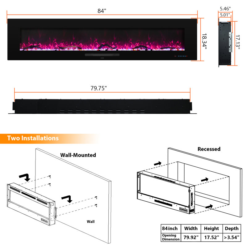 Craigmore Wall Mounted Electric Fireplace, 18.34" H x 84" W x 5.01" D