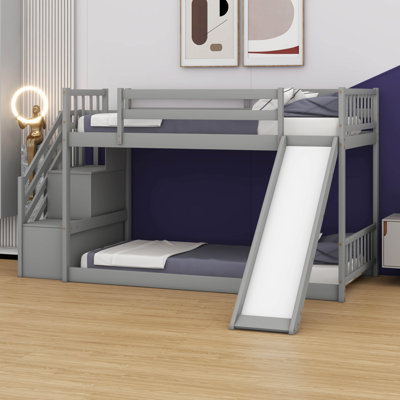 Solid Wood Twin Over Twin Low Bunk Bed With Slide And Storage Staircase