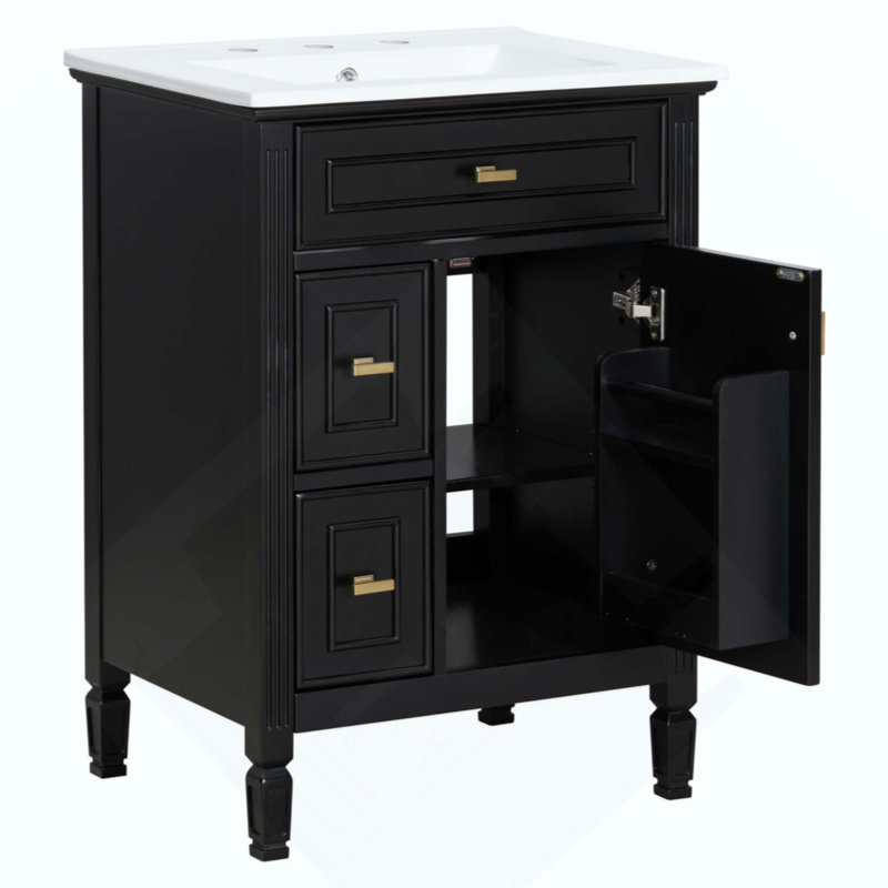 Meuble-lavabo de salle de bain avec lavabo, armoire en bois massif et panneau de fibres à densité moyenne avec un tiroir rabattable, deux tiroirs standard et une tablette réglable, meuble-lavabo autoportant pour le rangement de la salle de bain