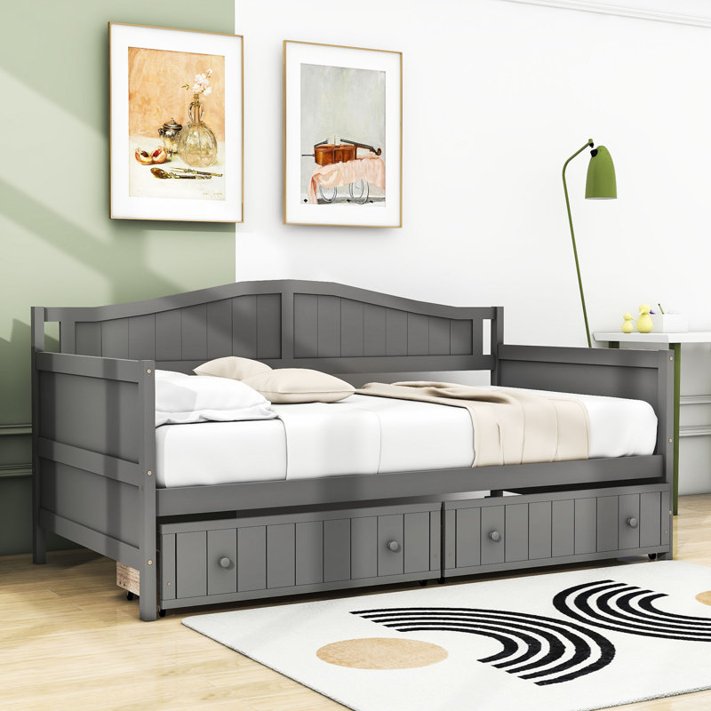 Lit de jour simple Sholto avec 2 tiroirs et lattes, gris