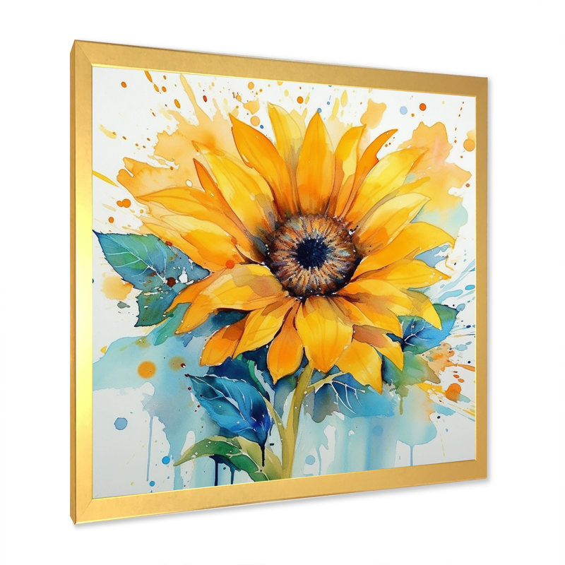 Jaune, bleu, doré, tournesols III, H 36 po x l 36 po x P 1,5 po, Encadrement doré