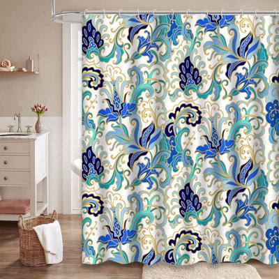 Rideau de douche bleu abstrait à motif floral Batik avec 12 crochets