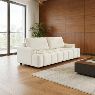 Canapé-lit 90,2 po 4 places en tissu Teddy | Canapé-lit convertible très grand 3-en-1 avec rangement | Canapé à siège profond et confortable avec roulettes pour salon, bureau, appartement, beige / blanc