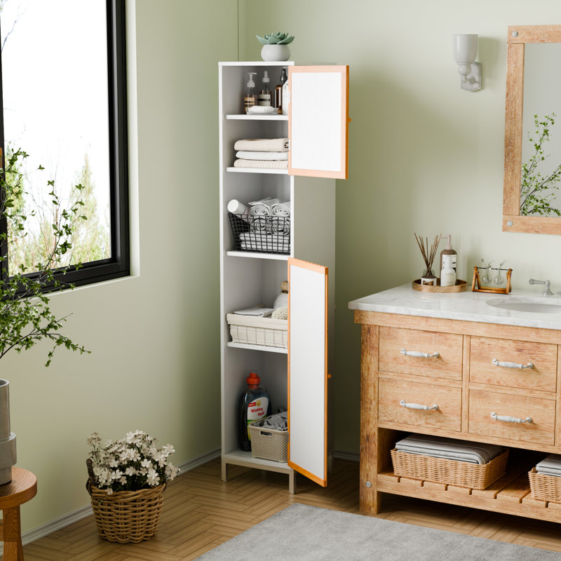 Armoire de salle de bain haute avec lattes et compartiment ouvert, laqué blanc, rangement réglable, décor fonctionnel