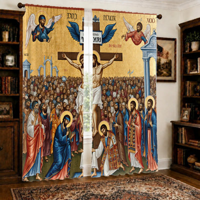 2Pcs Byzantine Icon Jesus Christ Crucifixion Curtains, Light Filtering Fabric, Religious Scene Print, Sunshade and Privacy Protection, Rod-Pocket Design, for Living Room, Bedroom, Home Decoration