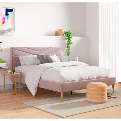 Nila Carrie Upholstered Platform Bed, Plush Tufted Velvet Headboard with Chevron Stitching by Adore Decor