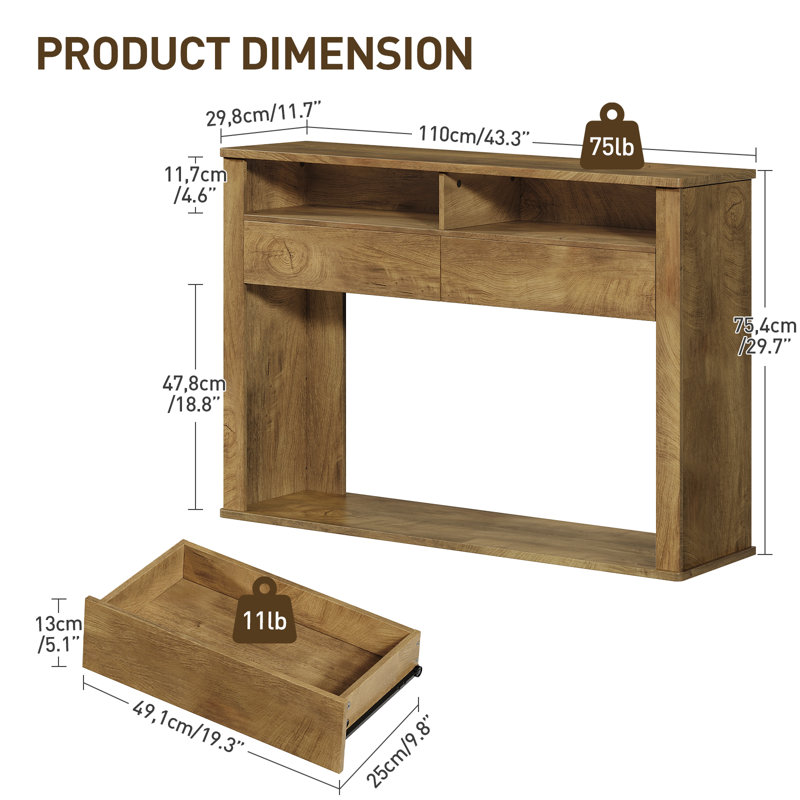 43.3" Farmhouse Wooden Console Table with Drawers, Narrow Sofa & Entryway Table, Natural Wood