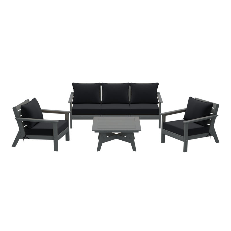 Ensemble de conversation à assise profonde 6 pièces, Noir, noir, noir, noir, Gris