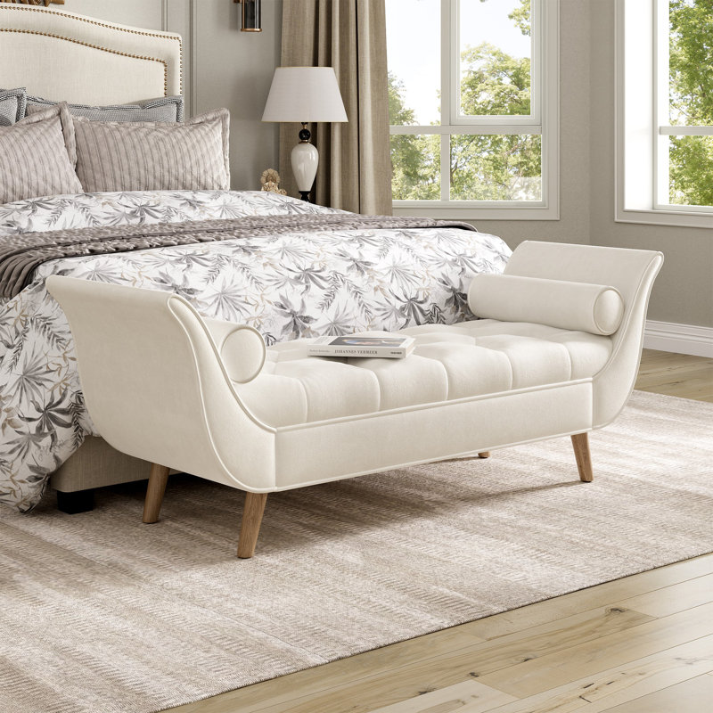 Banc de chambre rembourré en velours avec accoudoirs roulés et coussins Corvina, Beige, Naturel