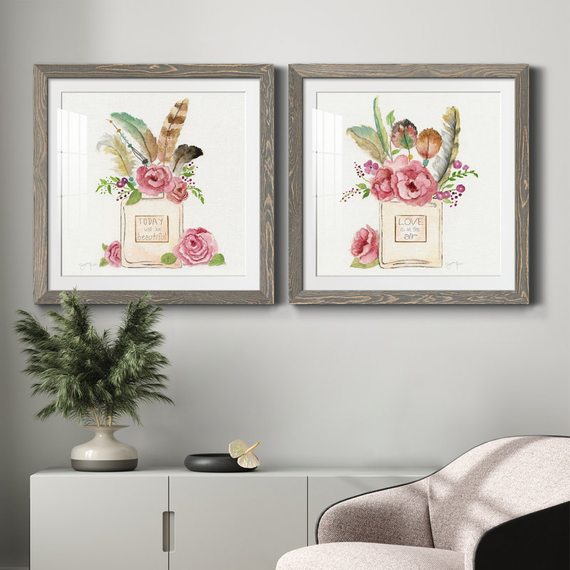 Boho Bouquet I - Ensemble de 2 reproductions d'art sur papier, H 24 po x l 48 po x P 1 po, Cadre en papier gris