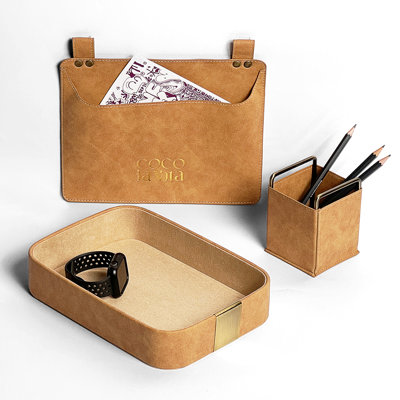 Luxury Leather Catch All Tray Office Desktop Jewelry Organizers Decorative Holder Basket For Entryway Table. Perfect For Jewelry Watch Keys Wallets Coins Cell Phones And Office (Set A)