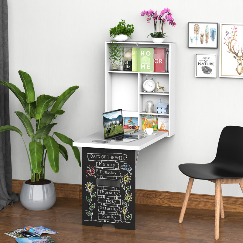 Bureau pliable avec tableau noir et rangement, blanc, s'adaptant à des espaces restreints