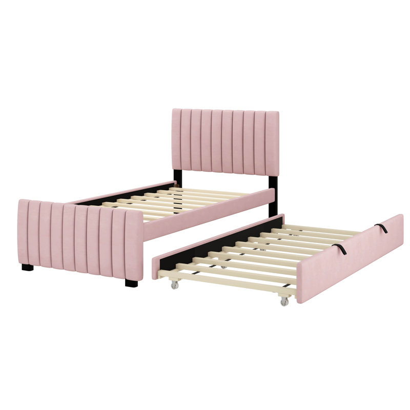 Viccky Twin Size Velvet Upholstered Platform Bed with Twin Size Trundle, Pink