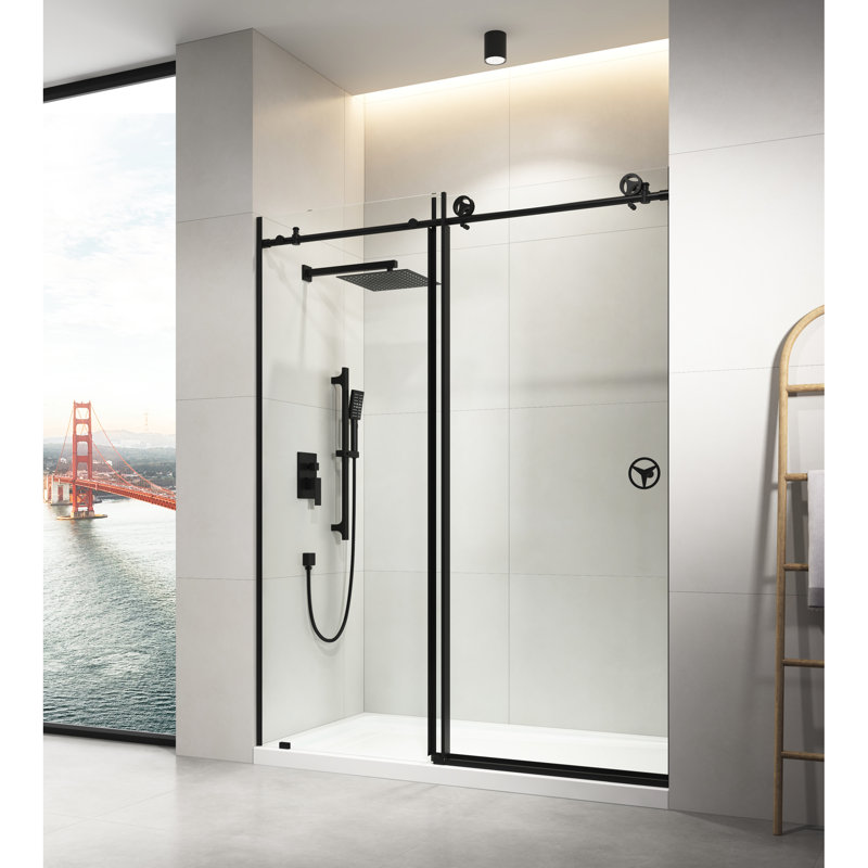 Porte de douche coulissante en verre transparent l 60 po x H 76 po en noir mat - coulissant pratique à gauche ou à droite, rouleaux silencieux, matériaux, séparation de l'eau