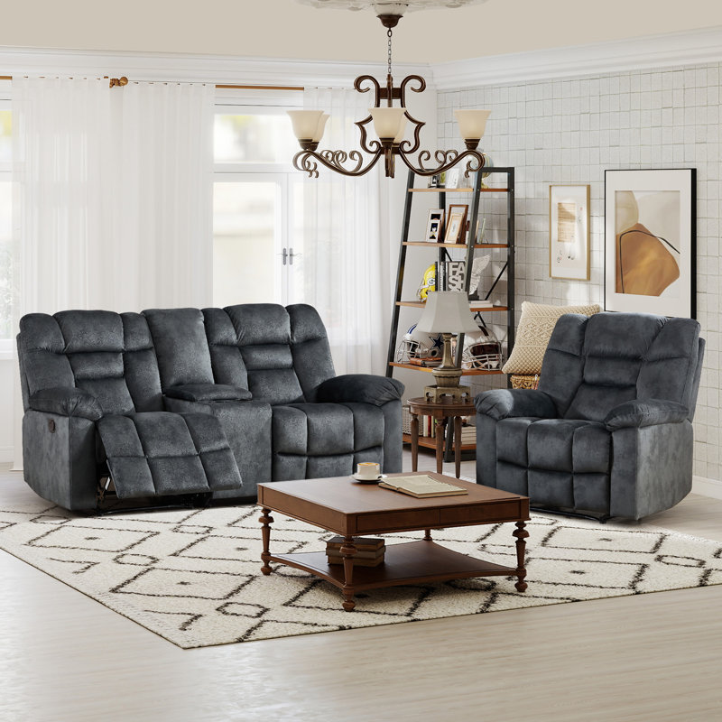 2-Piece Contemporary Manual Reclining Living Room Set With Recliner Chair & Loveseat With Console & Cup Holders, Dark Gray
