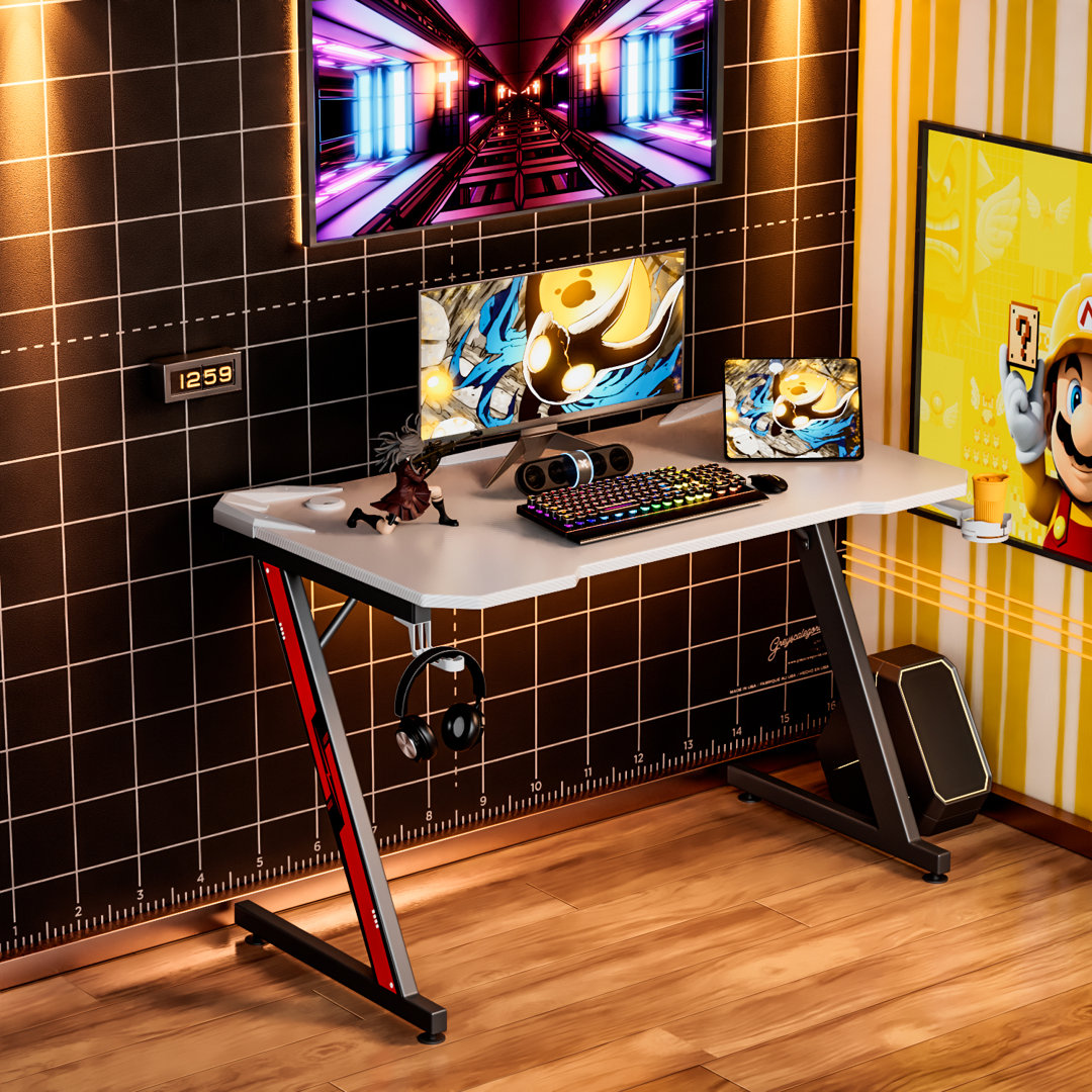 Sinead 44'' Z-Shaped Carbon Fiber Surface PC Gaming Desk with Cup Holder and Headphone Hook Symple Stuff 