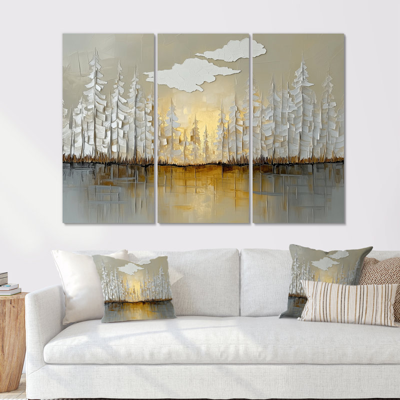 Art mural moderne forêt moderne, toile horizon doré - Forêt moderne en hiver, horizon gris doré, ensemble d'art mural sur toile encadré 3 pièces
