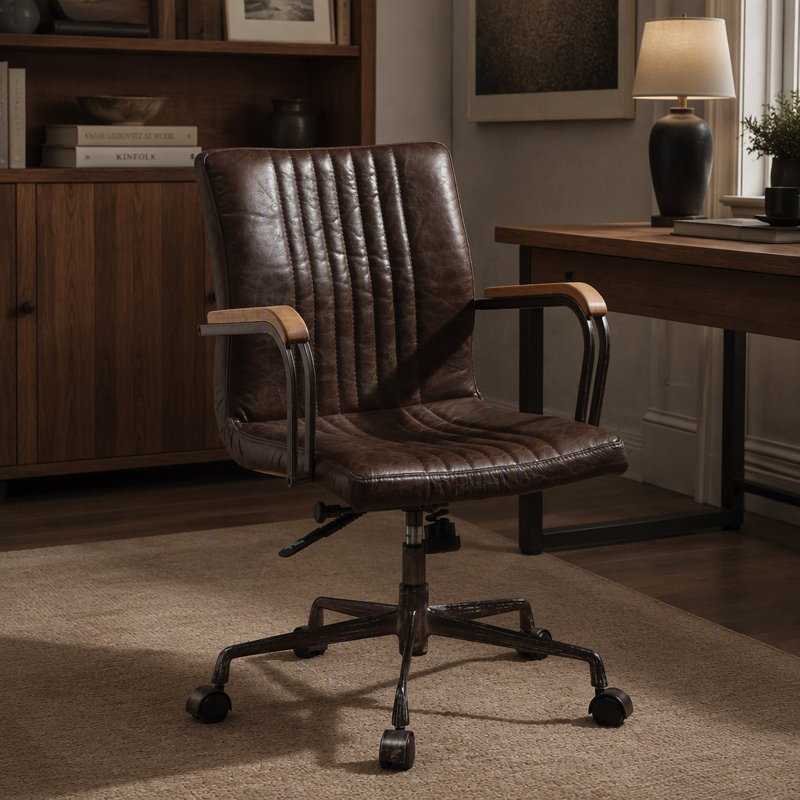 Élégant fauteuil de bureau pivotant couleur chocolat vieilli, avec vérin pneumatique et siège rembourré confortable.