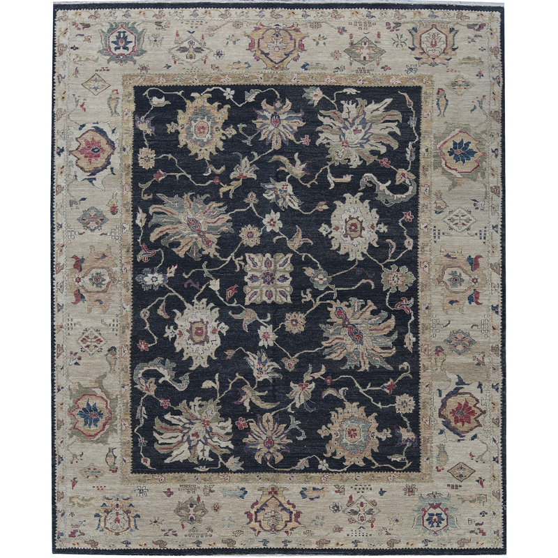 Tapis noir et beige de haute qualité noué à la main Ziegler