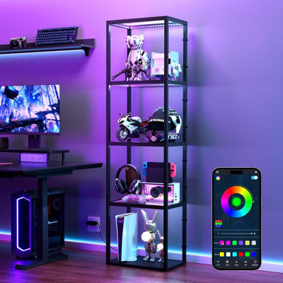 RGB LED Curio Cabinet – Floor Display With Shelves, Remote & App Control, Dimmable Lights With Music Sync For Gaming Room Decor