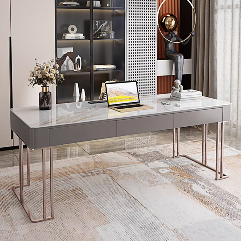 Bureau rectangulaire blanc / gris + bois massif + bois manufacturé + acier avec 3 tiroirs