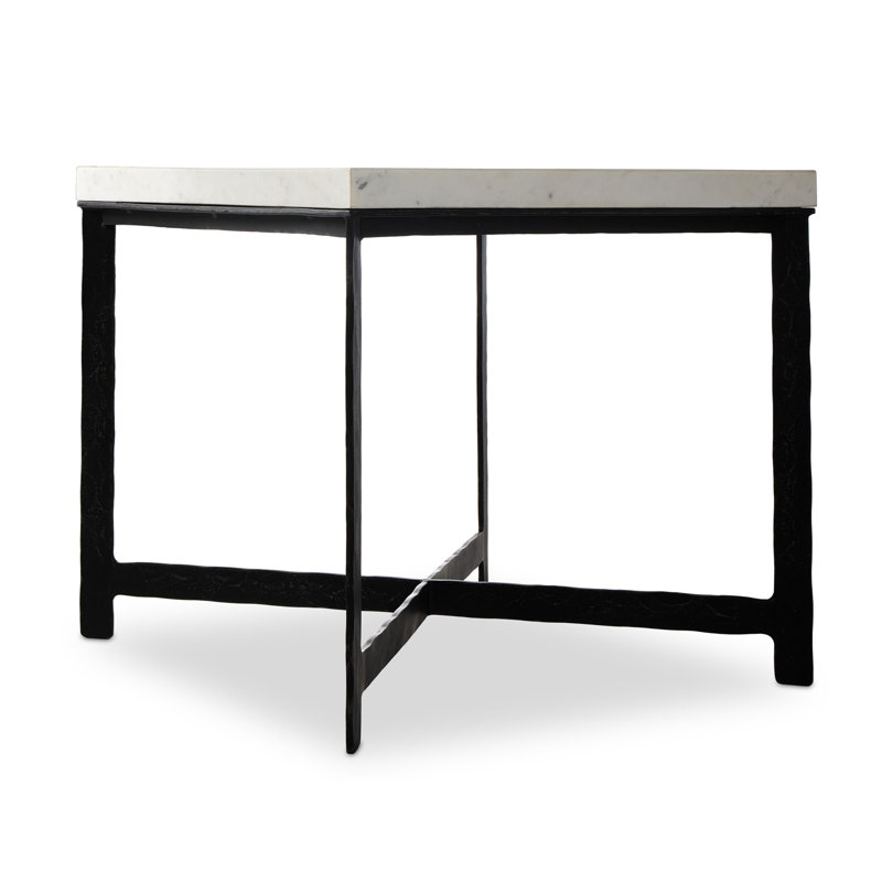 Hammered Iron End Table-White Marble, White Top/Black Base