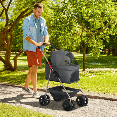 Poussette pour animaux 3 en 1 avec support amovible, poussette pour chien à 4 roues avec panier de rangement, porte-gobelet, coussinets lavables, pour mini chiens et chats, gris