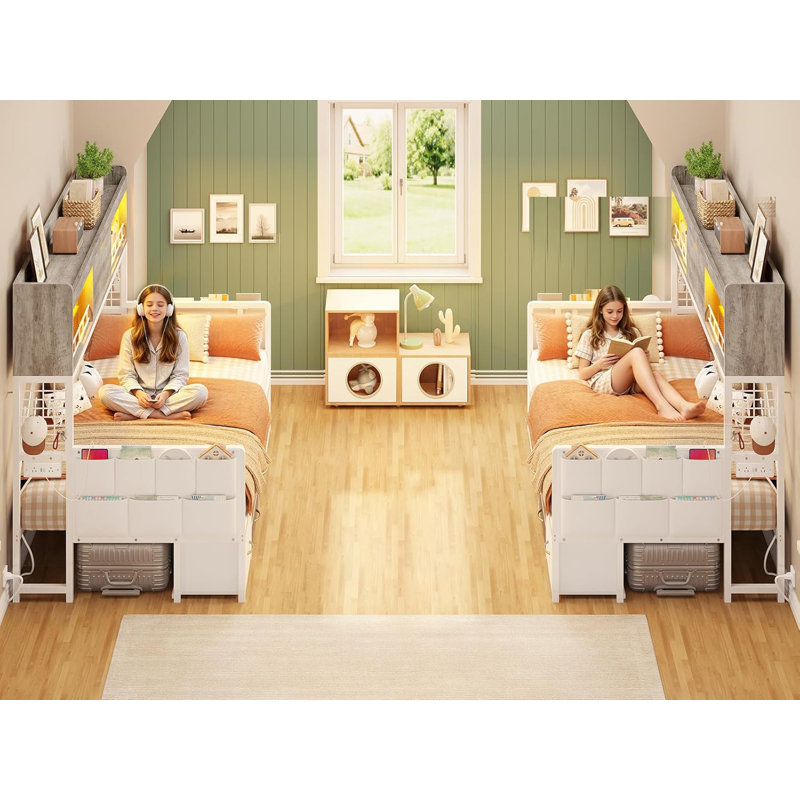 Daybed with High Bookcase & 6 Storage Drawers, 76.4"L x 39"W x 60.6"H, Gray+White, Twin