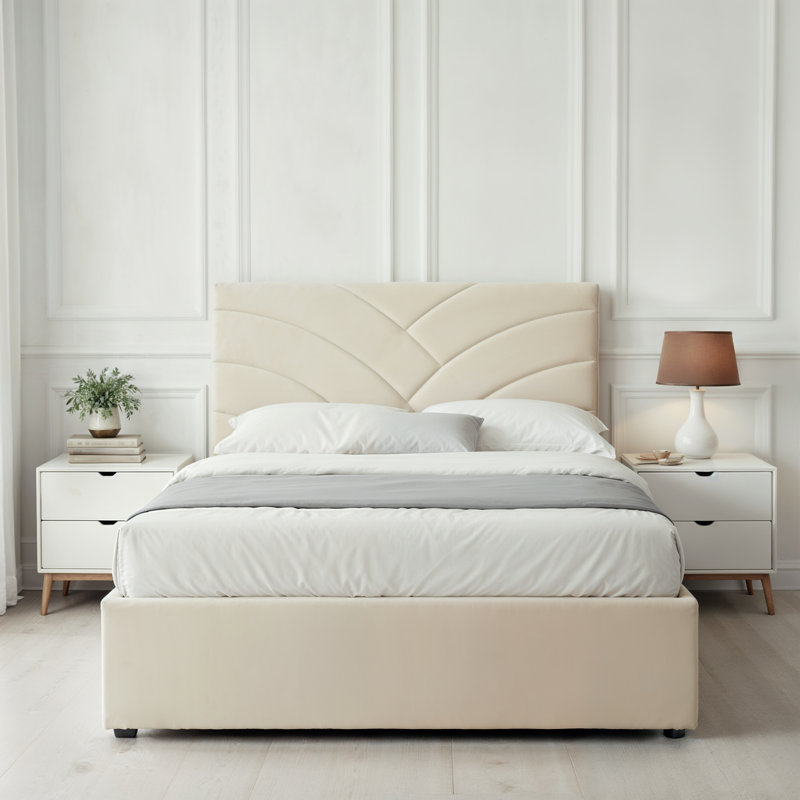Bayson Upholstered Double (4'6) Bed, Pearl, Beige 
